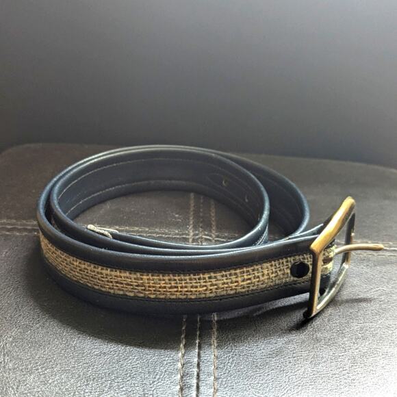 Vintage Estate Jute Woven Navy Quality Leather Gold Tone Buckle Belt - Picture 2 of 7